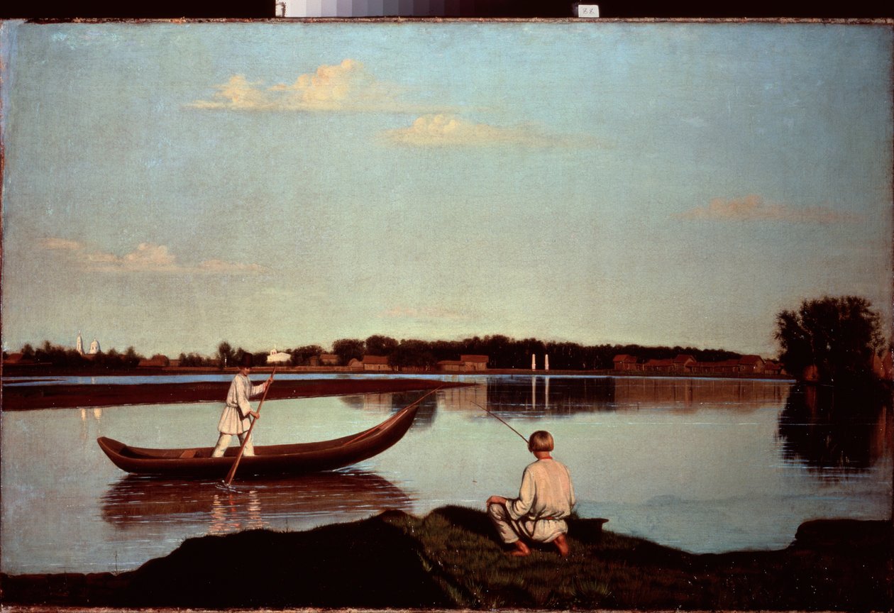 Un pescador de línea (Y un joven remero, de pie en un bote) - Un pescador - Pintura de Grigori Vasilyevich Soroka (1823-1863), óleo sobre lienzo, alrededor de 1840 - Arte ruso de Grigori Vasilievich Soroka