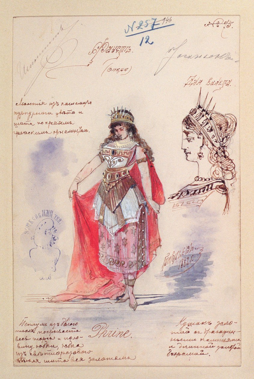Diseños de vestuario para el papel de Phrine en la ópera 