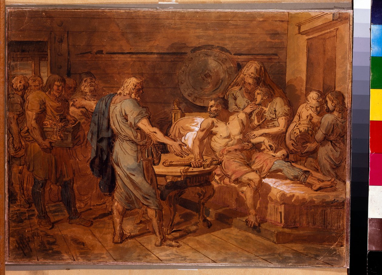 Apelación de Kuzma Minin (fallecido en 1616) al príncipe Dmitri Pozharsky (1577-1642) - Obra de Grigori Ivanovich Ugryumov (Ugrioumov) (1764-1823), acuarela y blanco sobre papel, hacia 1800 (31,6x42 cm) - (Apelación de Kuzma Minin a el príncipe Dmitry Pozh de Grigoriy Ivanovich Ugryumov