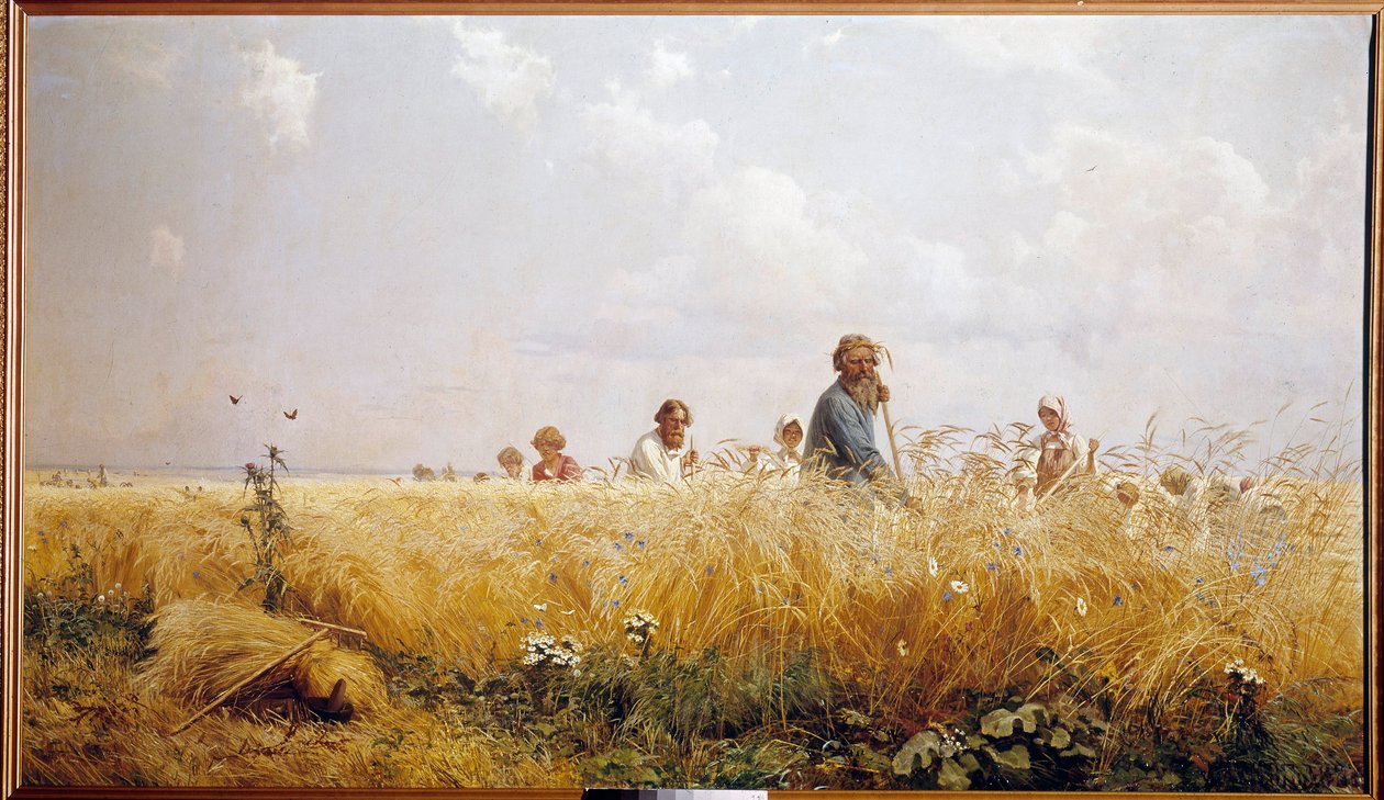 Cosecha Campesinos rusos segando las bles. Pintura de Grigori Miassoiedow (1835-1911) siglo XIX Peterhof, Biblioteca del Castillo de Grigoriy Myasoyedov
