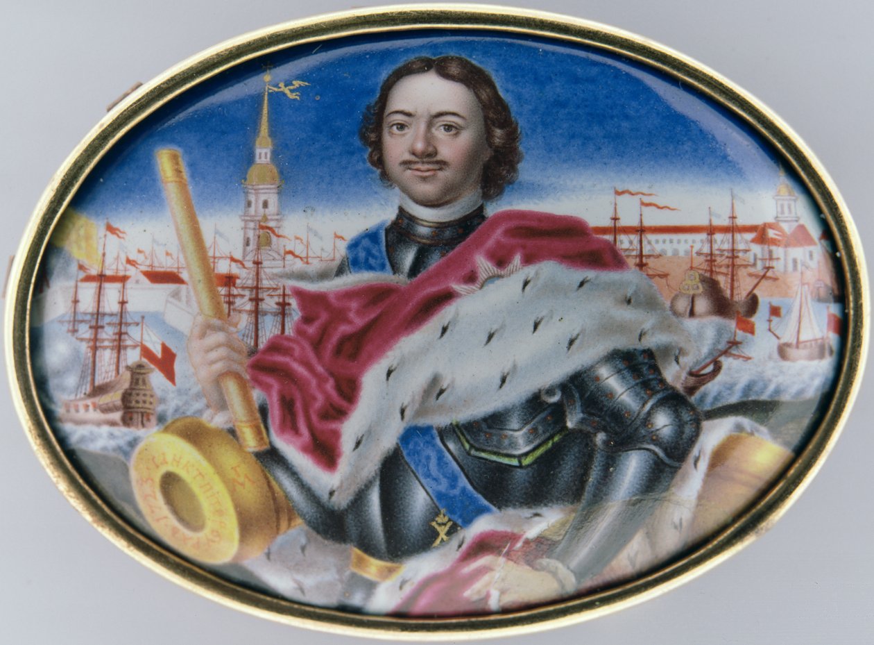 Retrato de Pedro I (1672-1725) contra la Fortaleza de San Pedro y San Pablo y la Plaza de la Trinidad en San Petersburgo, 1723 de Grigory Semyonovich Musikiysky