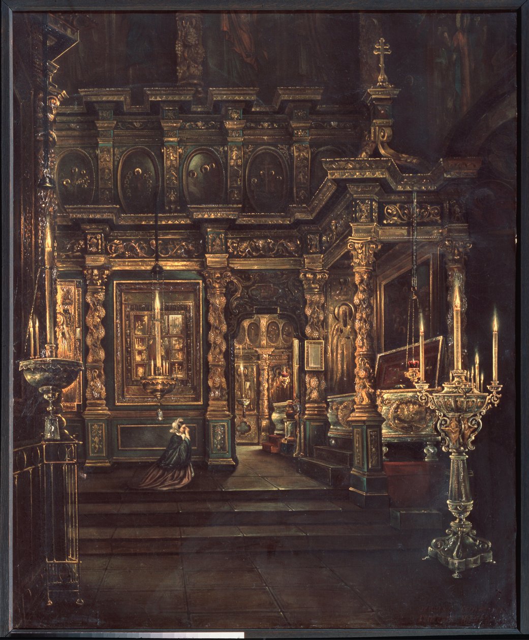 En la Catedral de la Asunción de la Santísima Virgen en Rostov (En la Catedral de la Asunción de la Santísima Virgen en Rostov) - Pintura de Grigori Vasilyevich Yurov (?-después de 1896), óleo sobre lienzo de Grigory Vasilievich Yurov