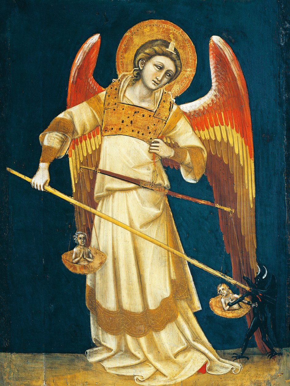 Arcángel Miguel pesando almas, circa 1354, por Guariento, témpera sobre tabla de Guariento di Arpo