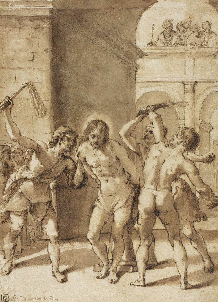 Flagelación de Cristo (pluma y tinta marrón, con pincel y aguada marrón y trazos de grafito, sobre papel verjurado crema, colocado sobre papel verjurado crema) de Guercino (1591-1666) (school of)