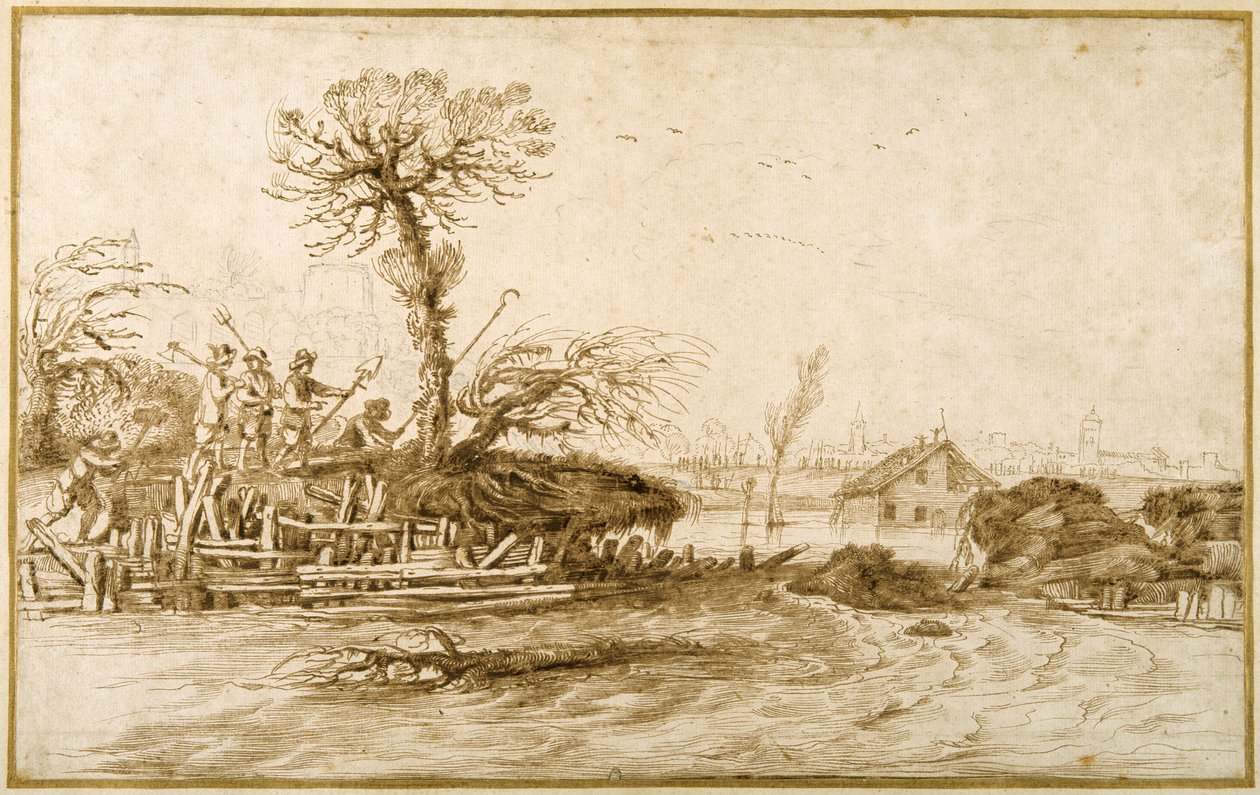 Un río en inundación, y campesinos con hachas y otras herramientas de Guercino