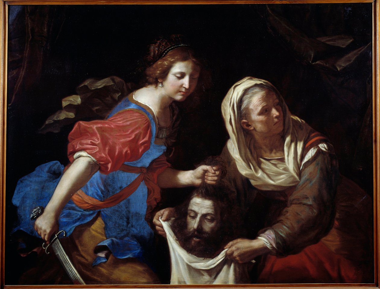 Judith y la cabeza de Holofernes. Su sirvienta Abra sostiene la bolsa mientras Judith deposita la cabeza del hombre de Guercino