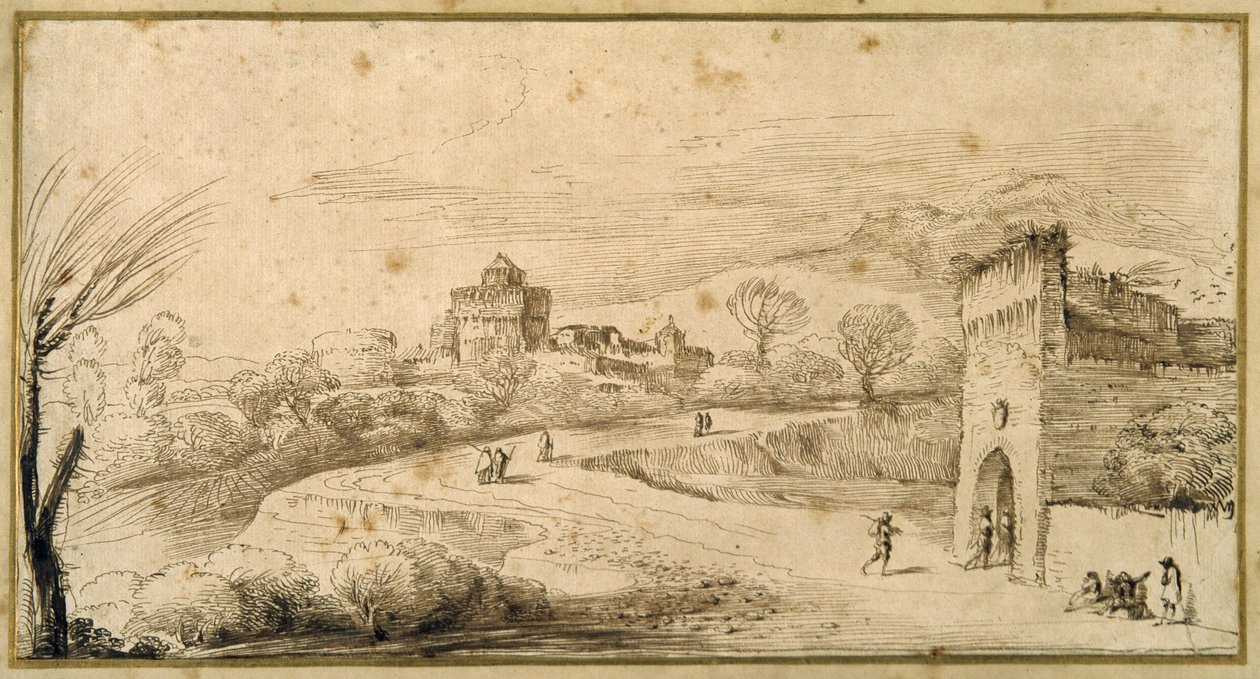 Paisaje con una puerta almenada y un camino sinuoso de Guercino