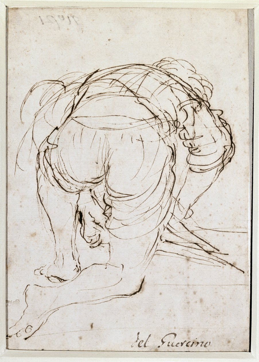 Hombre arrodillado - Dibujo a lápiz de Guercino