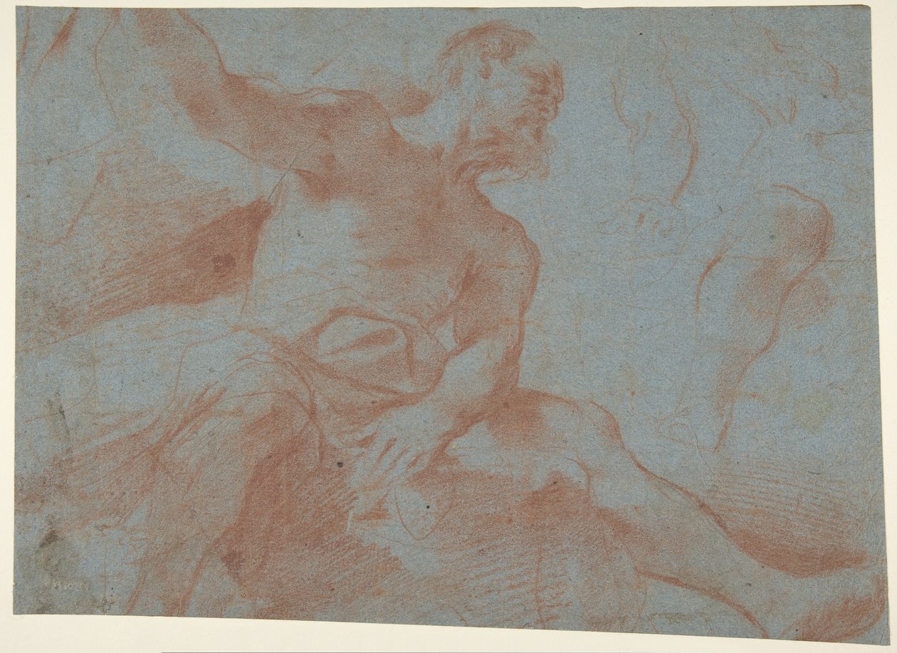 Anciano sentado con el brazo derecho levantado (Tithonus) (recto) de Guercino