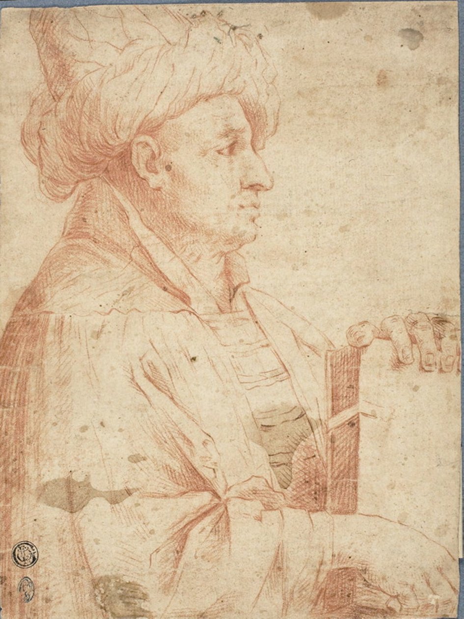 Busto de hombre con turbante y un libro de Guercino