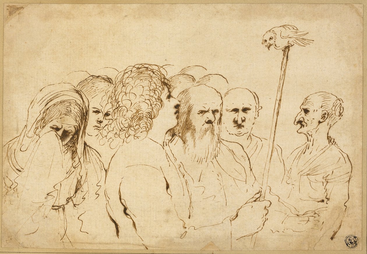 Grupo de figuras, con búho en un poste de Guercino