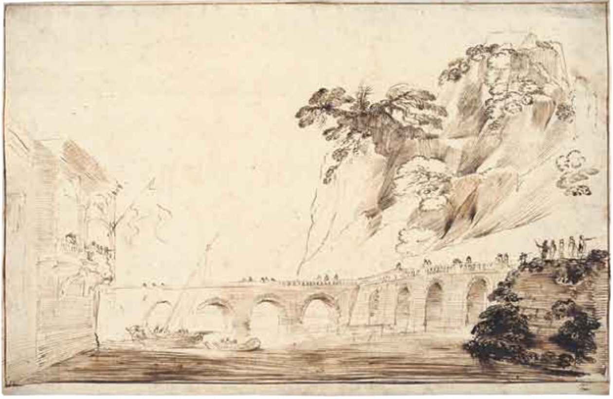 Paisaje con un Río Cruzado por un Puente, Lleno de Espectadores, que Conduce a un Edificio con una Logia Sobresaliente con un Grupo de Espectadores de Guercino