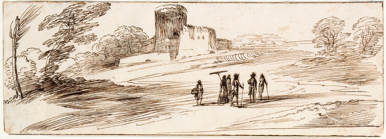 Paisaje con castillo y figuras de Guercino
