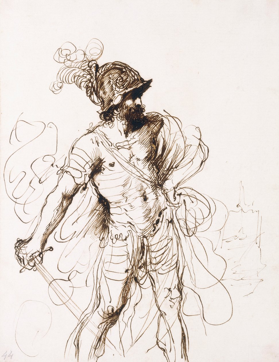 Marte, con la espada desenvainada, girado a la derecha de Guercino