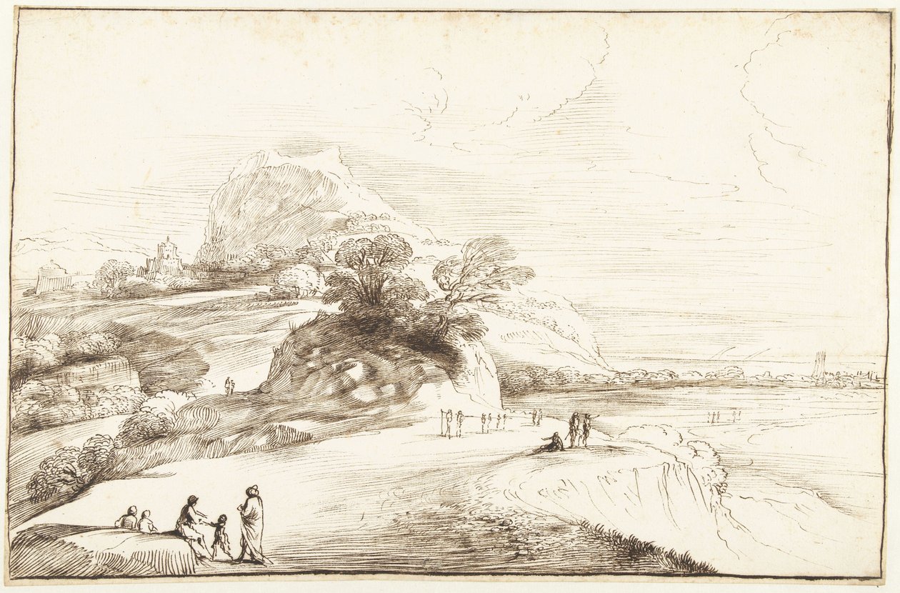 Paisaje de montaña con una vista lejana de Guercino