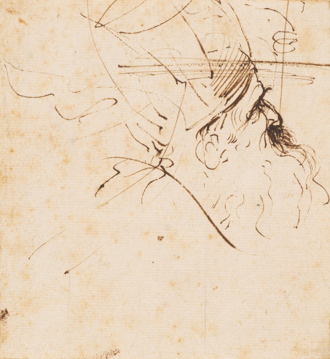 Boceto de la cabeza de un eclesiástico con mitra, mirando hacia arriba a la derecha de Guercino