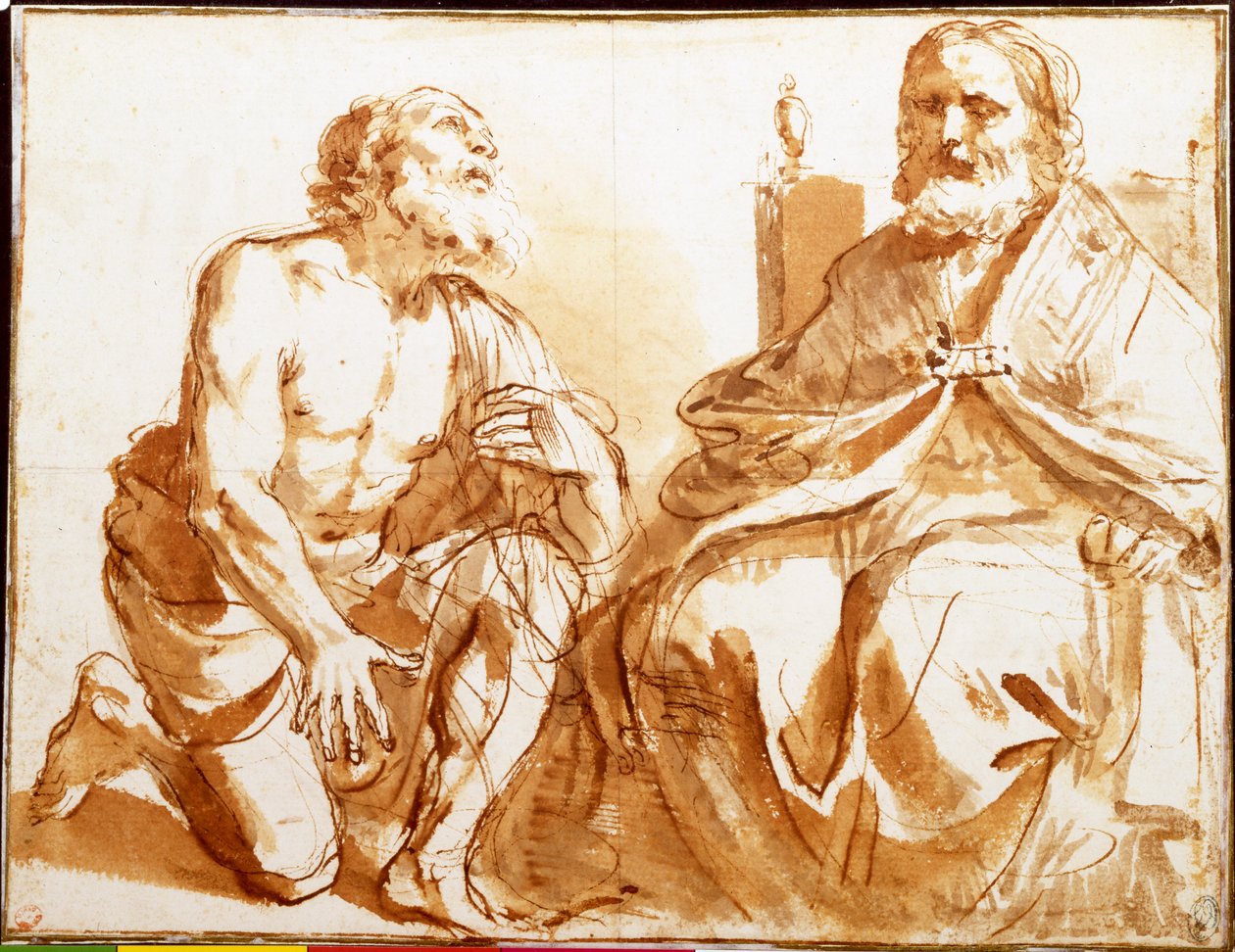 Obispo sentado y santo arrodillado de Guercino
