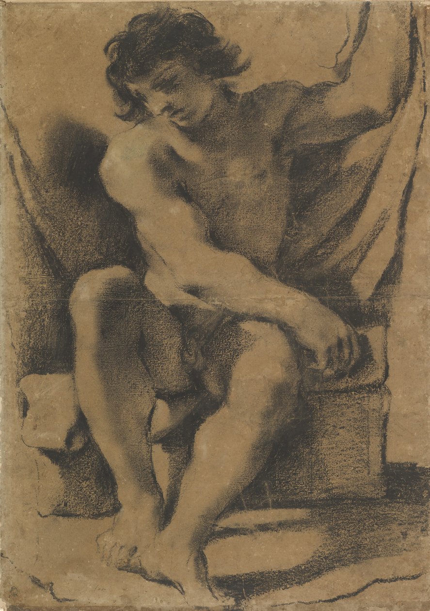 Joven Desnudo Sentado en Vista Casi Frontal de Guercino