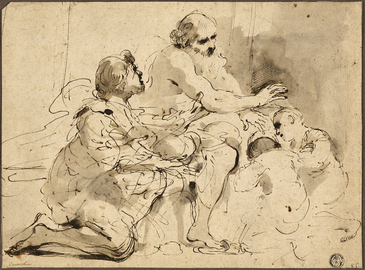 Estudio para Jacob bendiciendo a los hijos de José (recto); Bocetos: San Cristóbal; Dos figuras conversando sobre dinero (verso) de Guercino