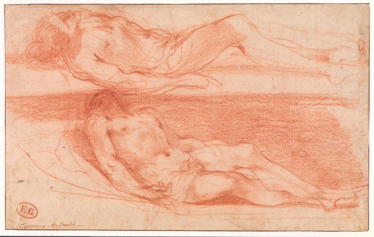 Dos estudios de hombre medio desnudo acostado de Guercino