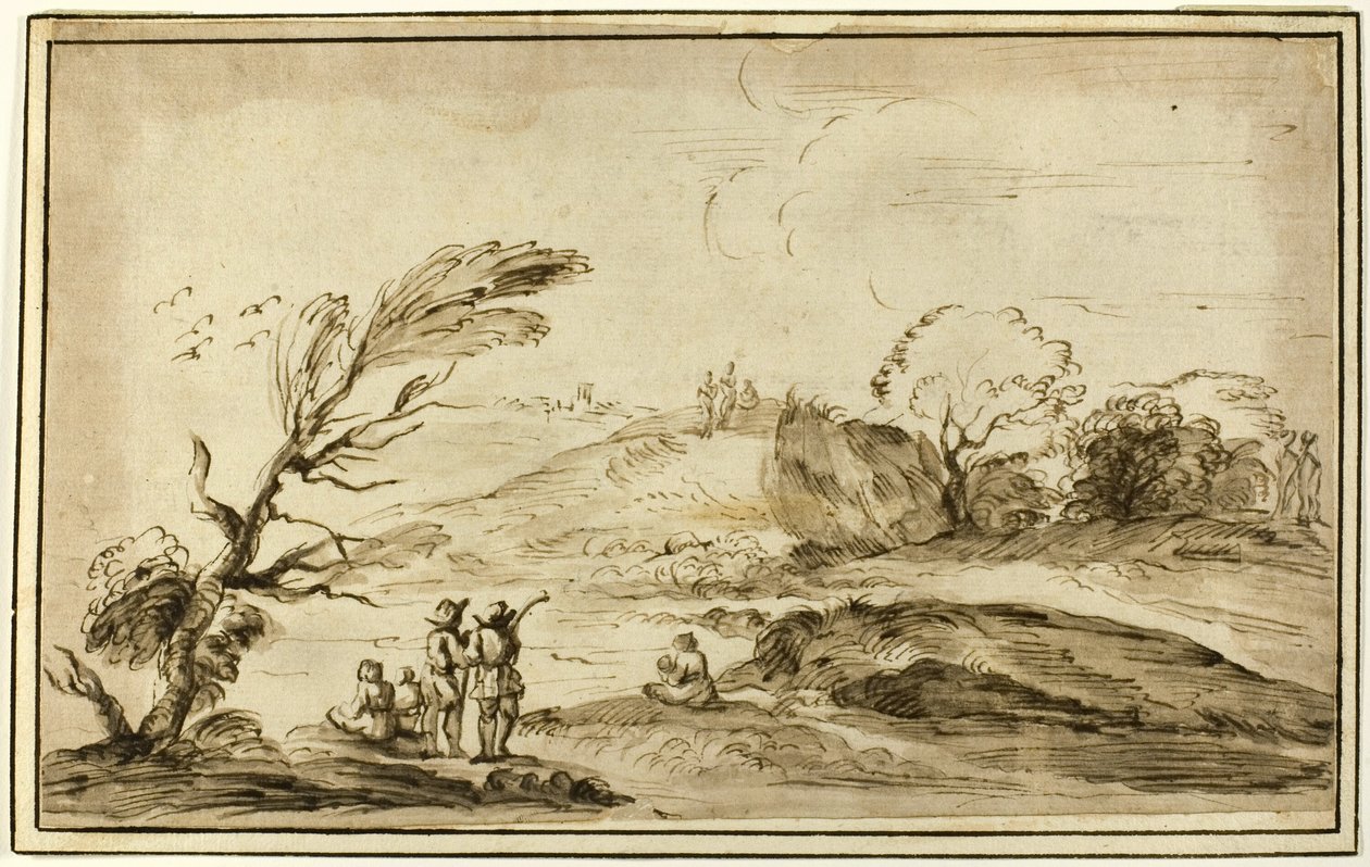 Dos grupos de figuras en un paisaje de Guercino