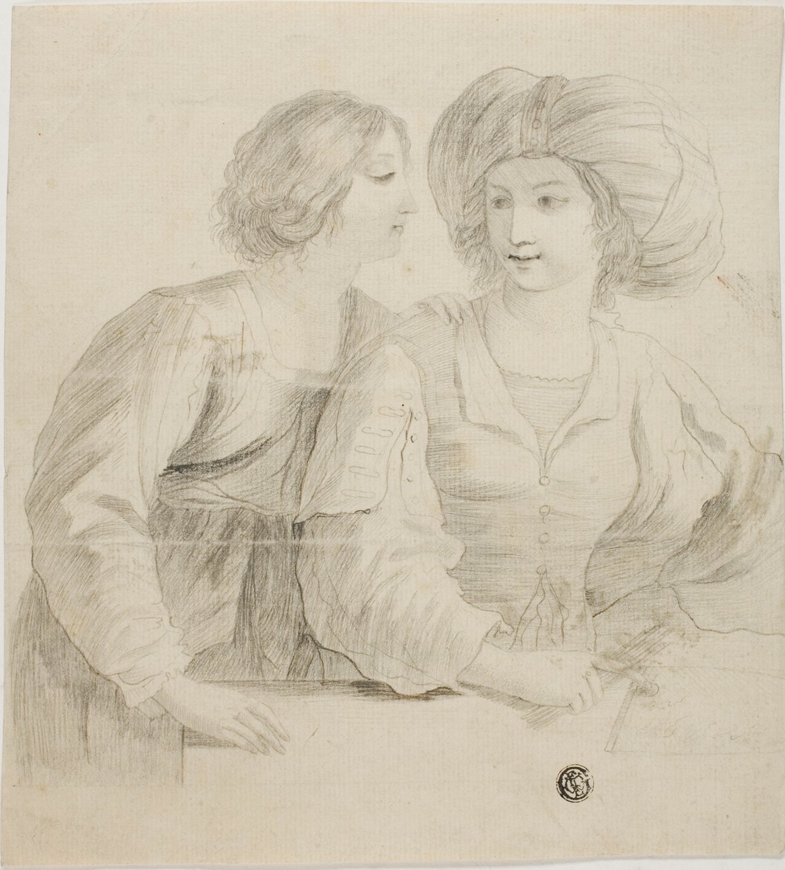 Dos mujeres jóvenes, una con turbante, conversando de Guercino