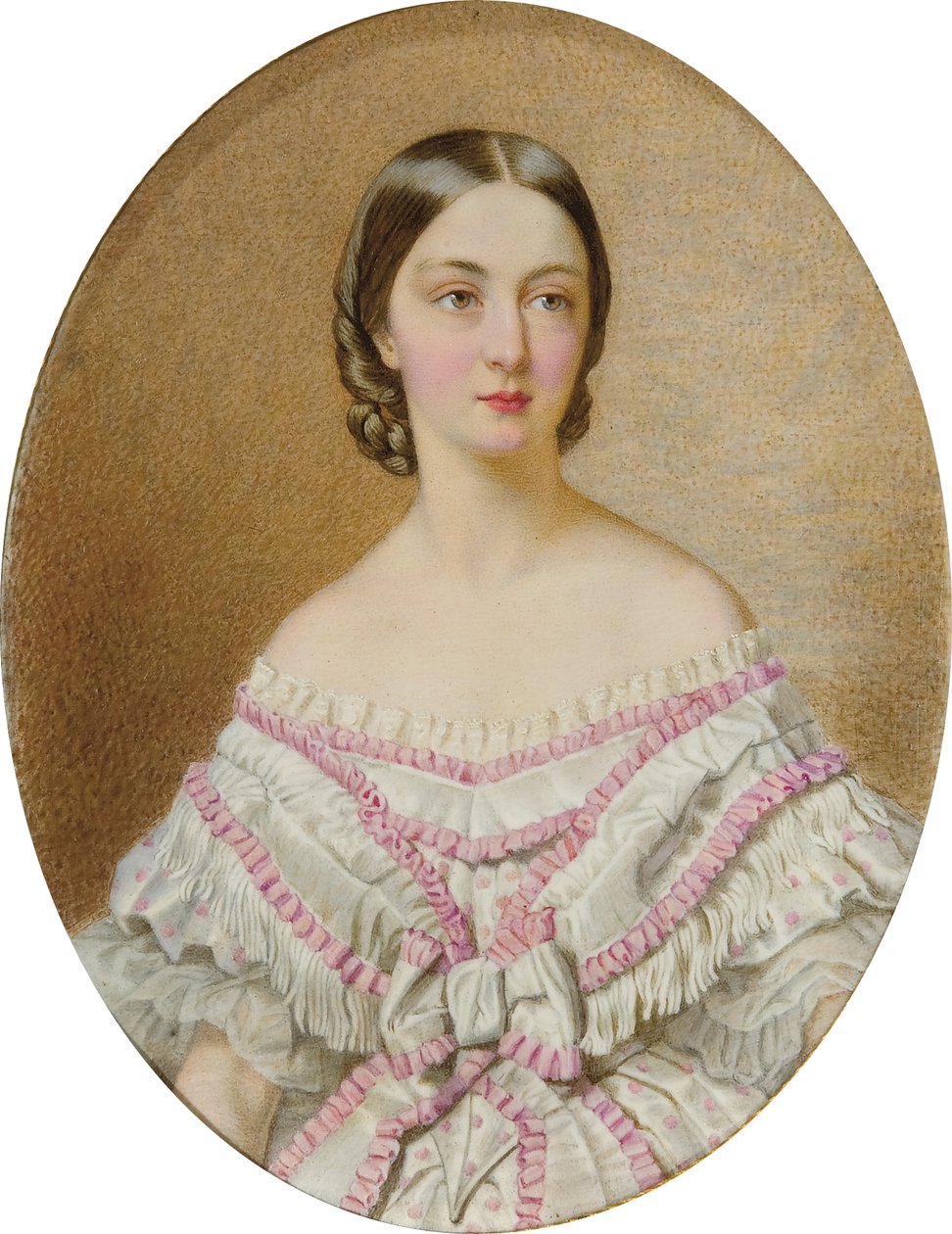 Retrato de Françoise, duquesa de Chartres (1844-1925) con vestido blanco y chal con colmenas rosas; de Guglielmo Faija