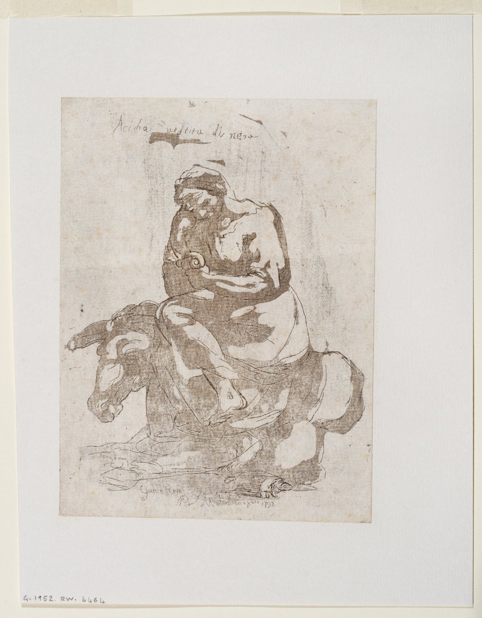 Acidia vestita di nero - Pereza sentada en un asno, c.1793 (impreso en aguafuerte y aguatinta) de Guido (after) Reni