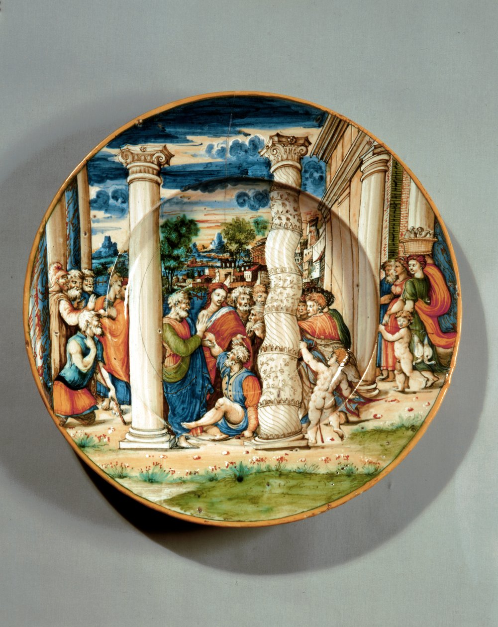 Plato que representa a San Pedro y San Juan curando al cojo en el Templo, c.1540-50 (mayólica) de Guido Di (workshop of) Merlino