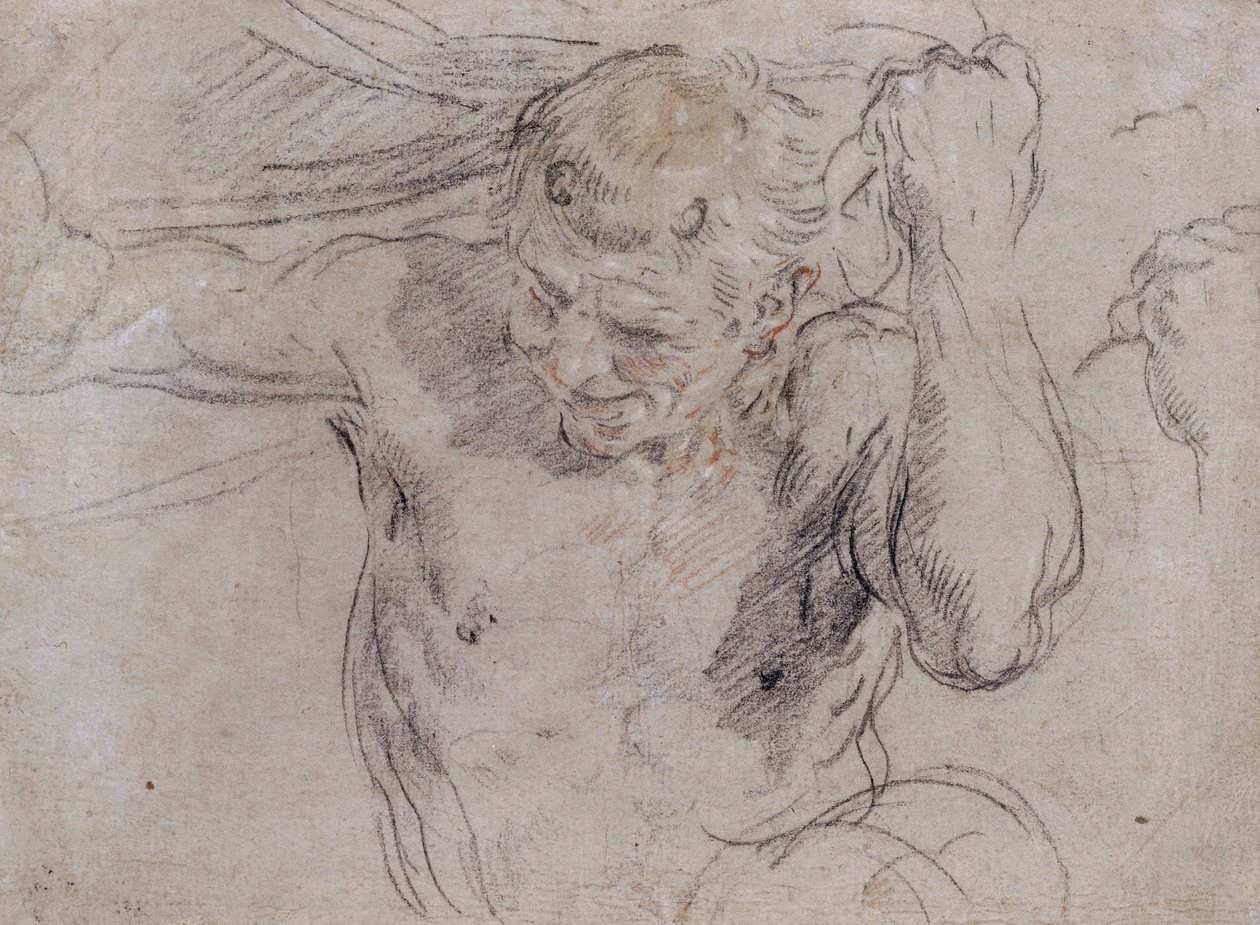 Un sátiro levantando una cortina, y un estudio subsidiario de su mano izquierda de Guido Reni
