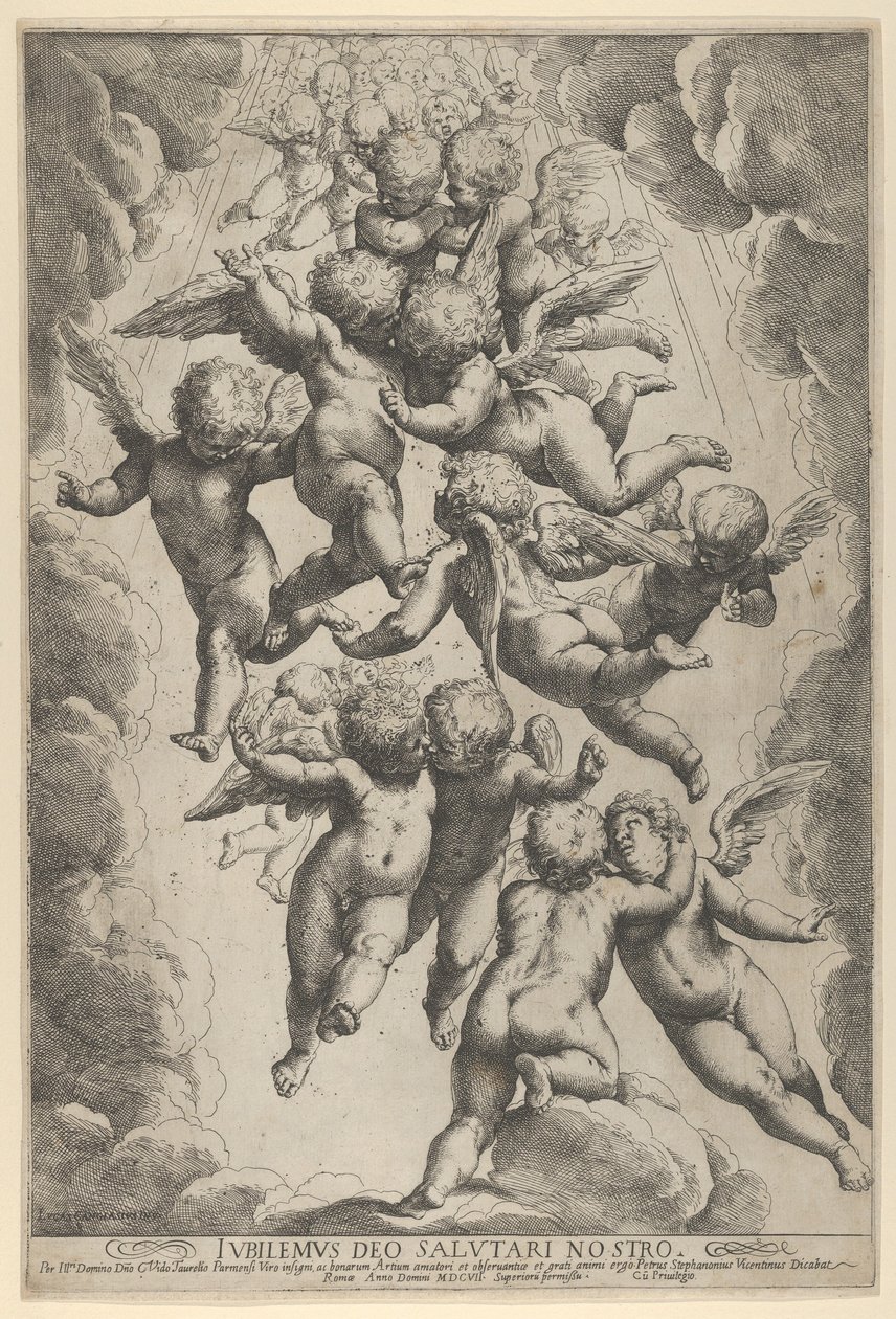 Un grupo de ángeles abrazándose en vuelo, enmarcados por nubes, ca. 1607 de Guido Reni