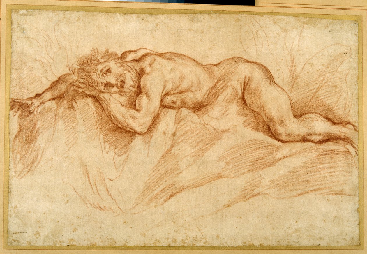 Un hombre desnudo aterrorizado, tendido en el suelo rocoso de Guido Reni