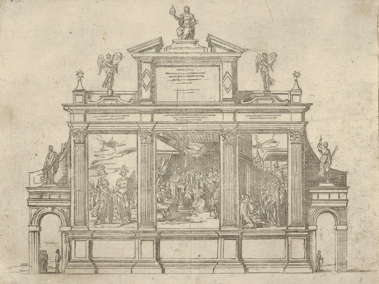 Fachada de un monumento triunfal con tres escenas que representan hechos del Papa Clemente VIII, 1598 de Guido Reni