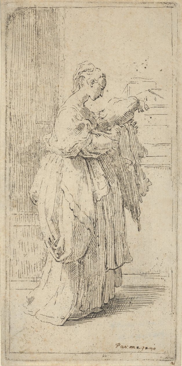 Niña llevando un cojín, vista de perfil hacia la derecha, 1590-1690 de Guido Reni