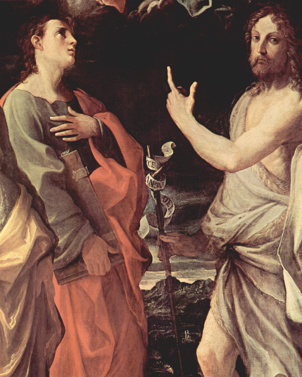 Italiano: Coronación de la Virgen con los santos Juan Evangelista, Juan Bautista, Bernardo y Catalina de Alejandría, Detalle: San Juan Evangelista y San Juan Bautista de Guido Reni