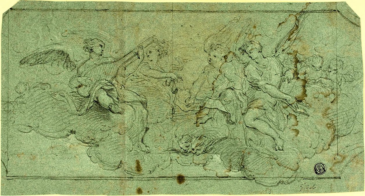 Ángeles músicos en nubes (recto); Clérigo sentado (verso) de Guido Reni