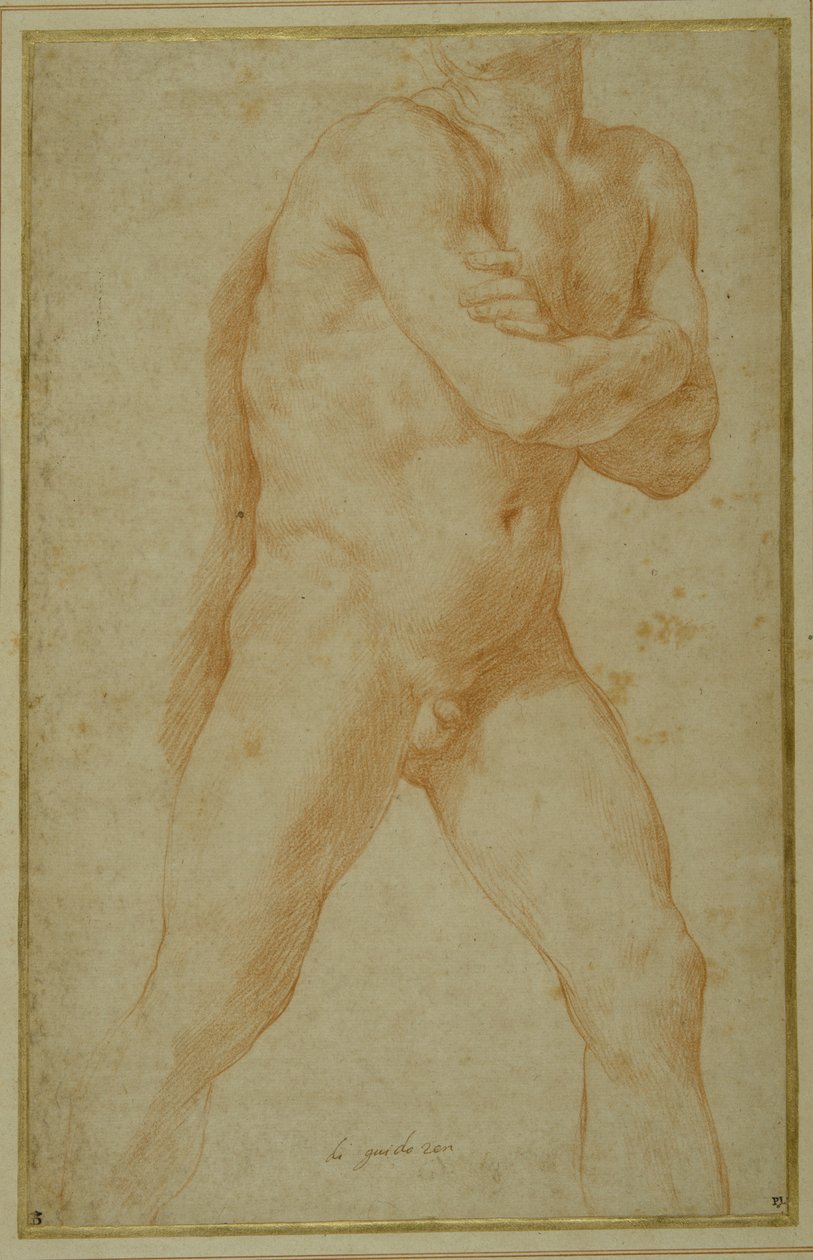Hombre desnudo caminando hacia adelante, con los brazos cruzados y mirando sobre su hombro derecho de Guido Reni