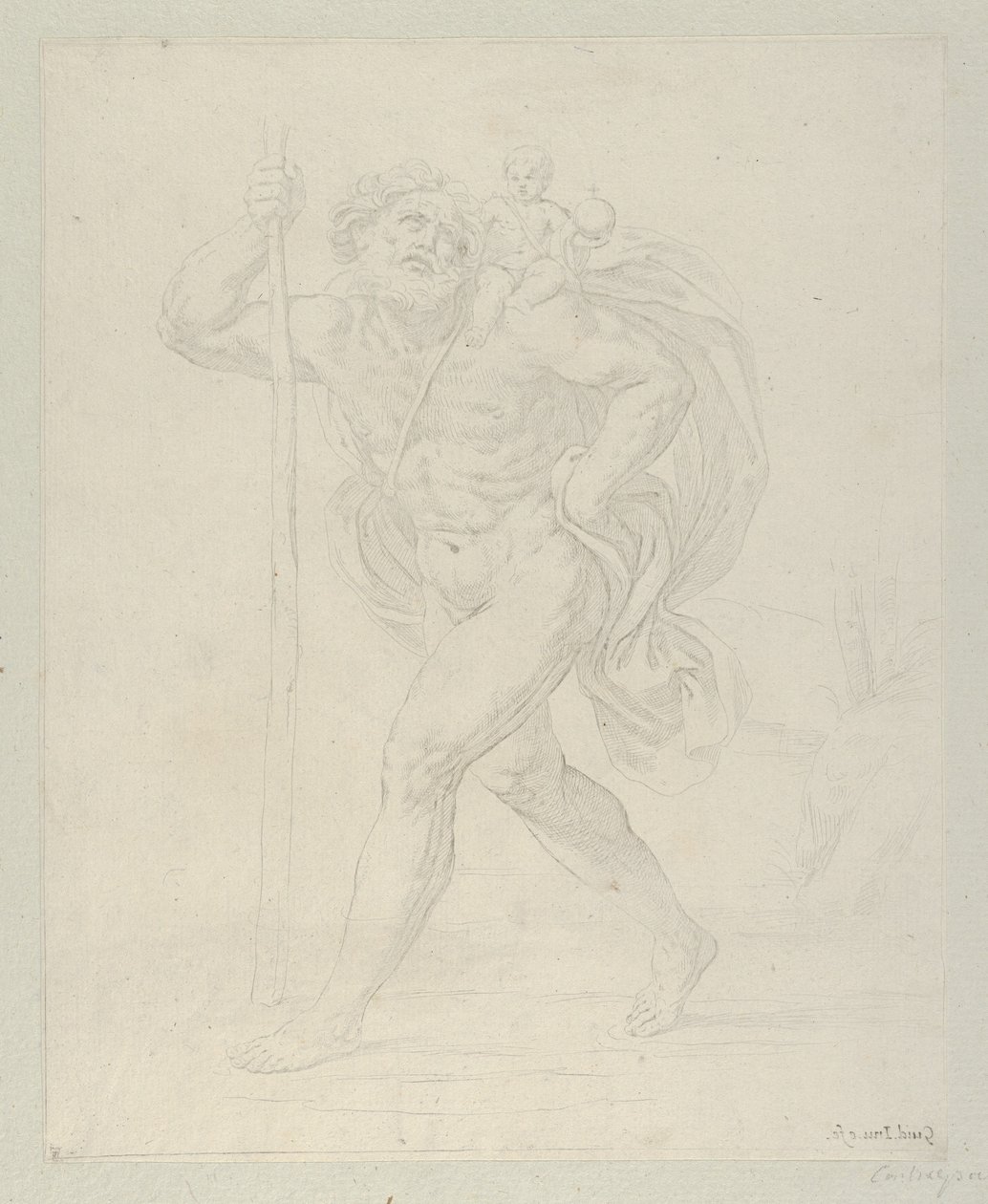 San Cristóbal caminando con el niño Cristo en su hombro izquierdo, ca. 1600-1640 de Guido Reni