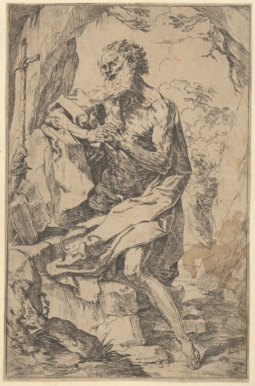 San Jerónimo arrodillado sobre una roca frente a una cruz y un libro abierto, ca. 1600-1640 de Guido Reni