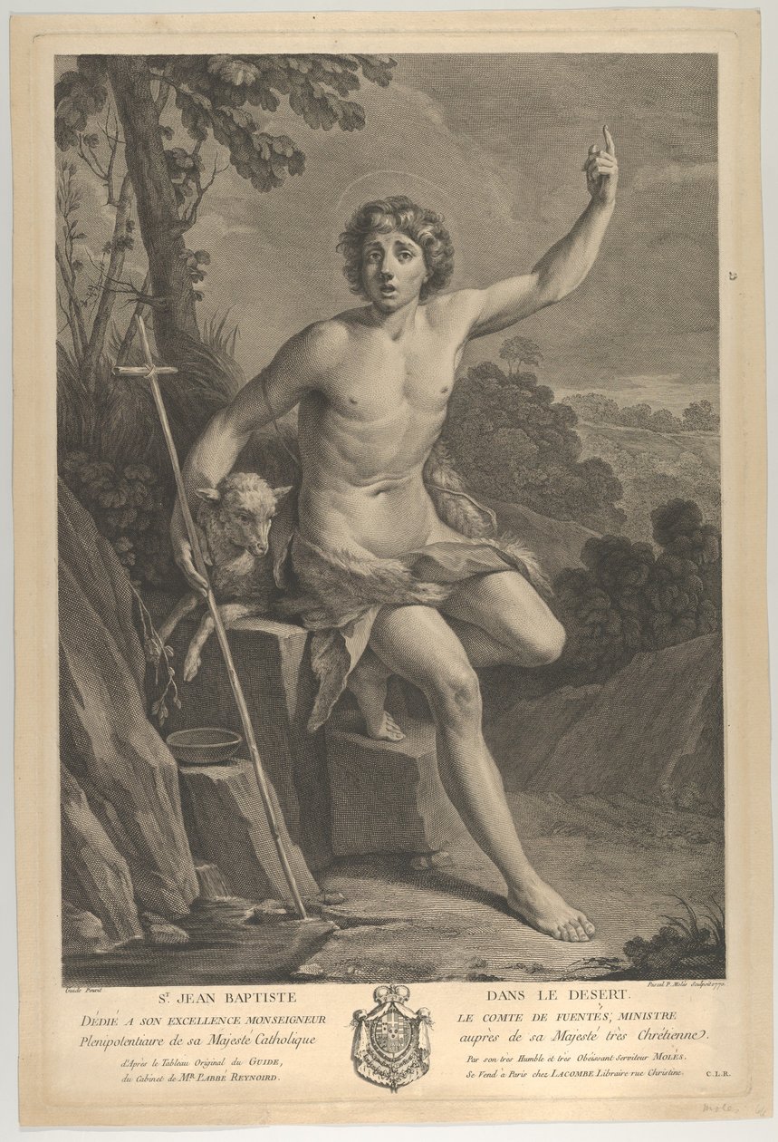 San Juan Bautista en el desierto, sentado en una roca y señalando hacia arriba con su mano izquierda, 1770 de Guido Reni