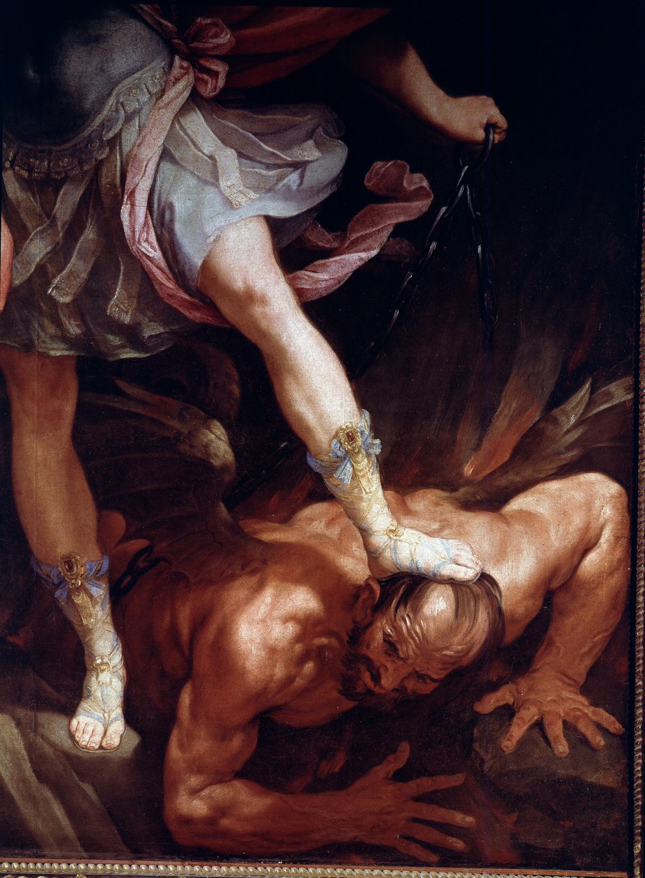 San Miguel aplasta la cabeza del demonio (detalle de los zapatos de seda) de Guido Reni