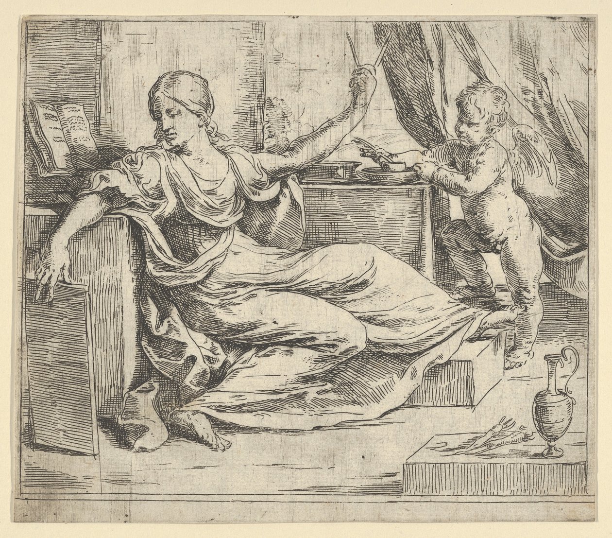 Mujer sentada sosteniendo una tableta y una brújula alegoría del aprendizaje, un putto alado... de Guido Reni