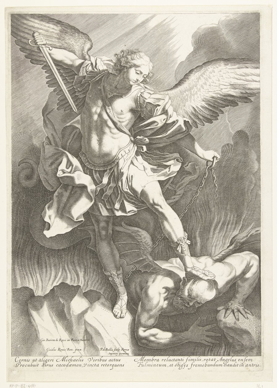 El Arcángel San Miguel derrotando al Diablo, grabado por Pieter de Bailliu, 1623-60 de Guido Reni