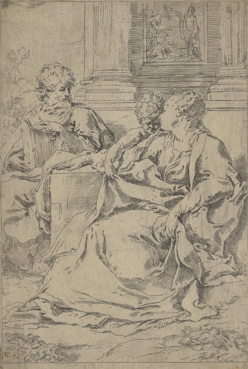 La Sagrada Familia sentada junta frente a una columnata, San José leyendo, ca. 1590-1610 de Guido Reni