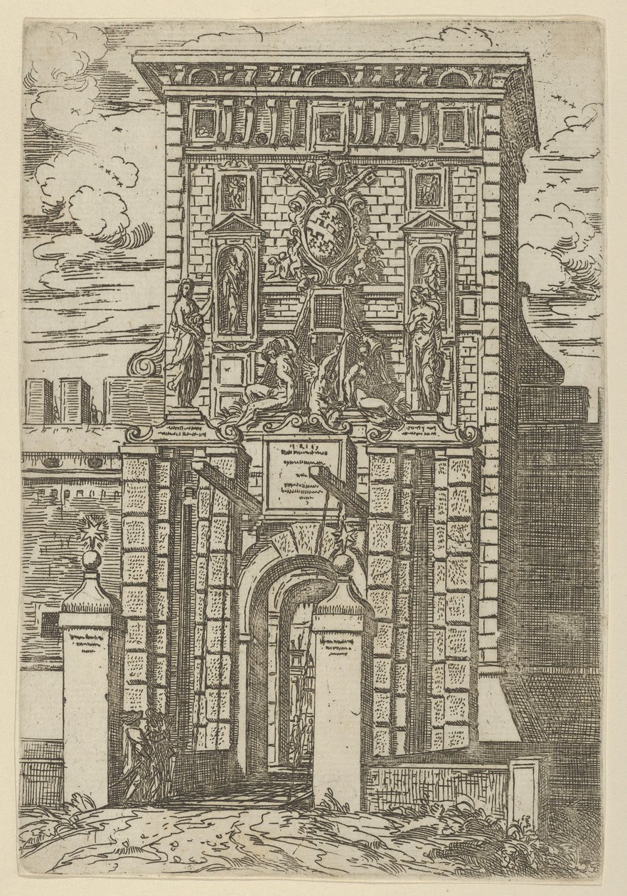 La Porta Galliera, la puerta de entrada a Bolonia y el puente levadizo con decoraciones temporales, 1598 de Guido Reni