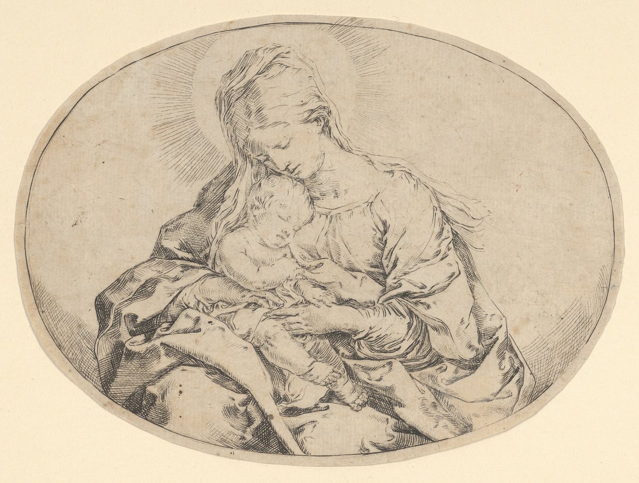 La Virgen sosteniendo al niño Cristo, una composición ovalada, ca. 1600-1640 de Guido Reni