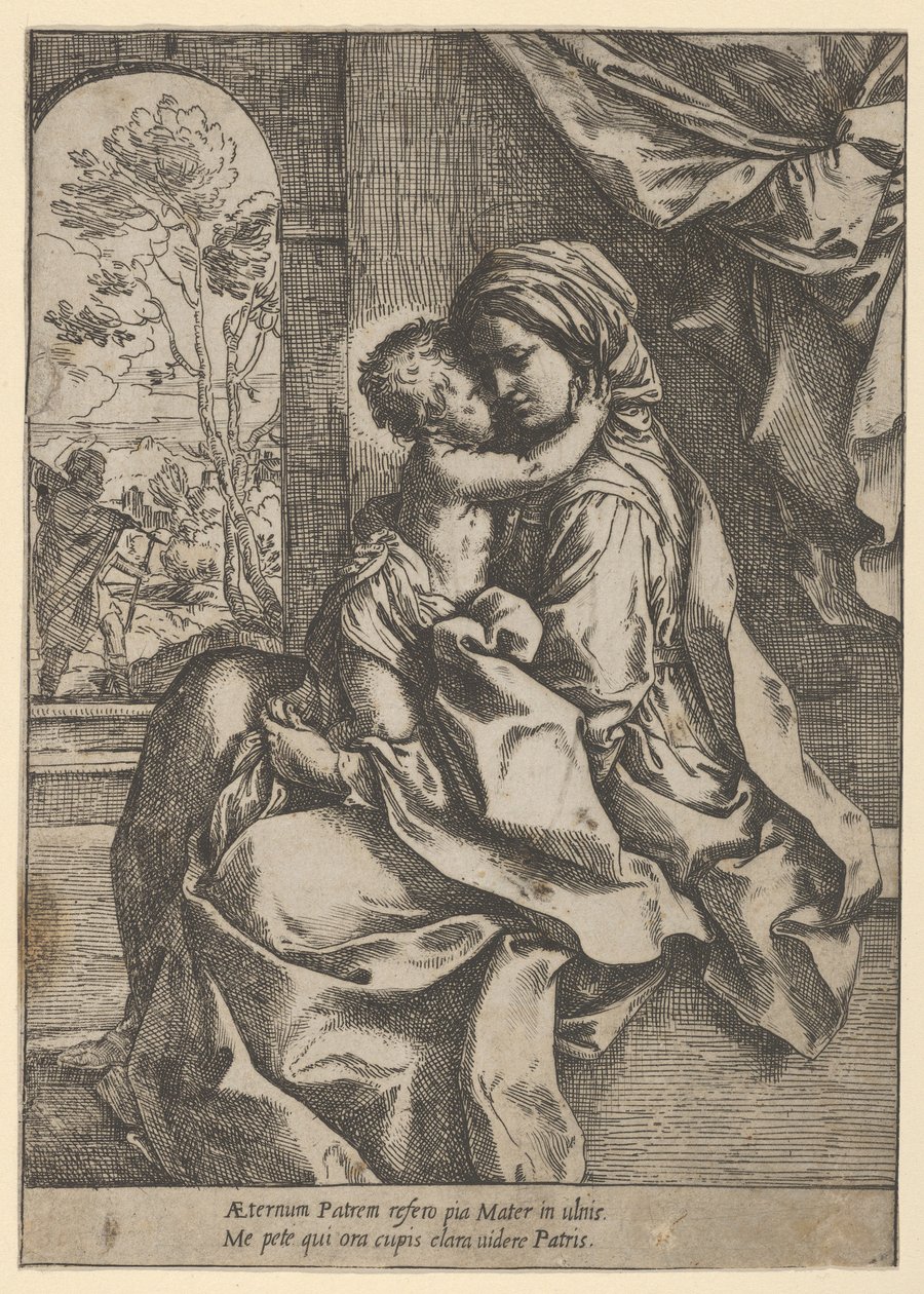 La Virgen sentada con el Niño Jesús en su regazo abrazándola, José visto detrás, ca. 1600-1613 de Guido Reni