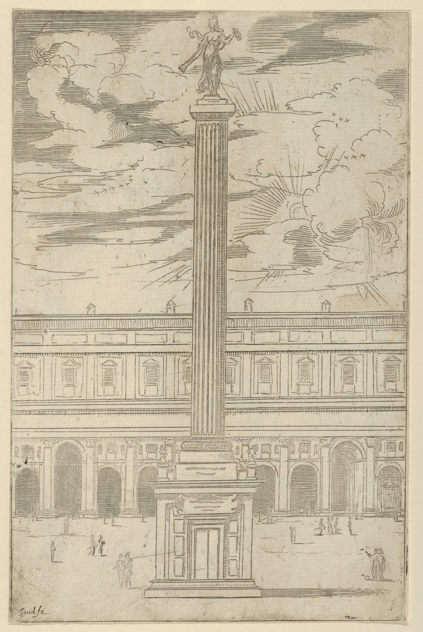Columna triunfal con figura femenina de la Fama sosteniendo una trompeta en la parte superior, una decoración temporal, 1598 de Guido Reni