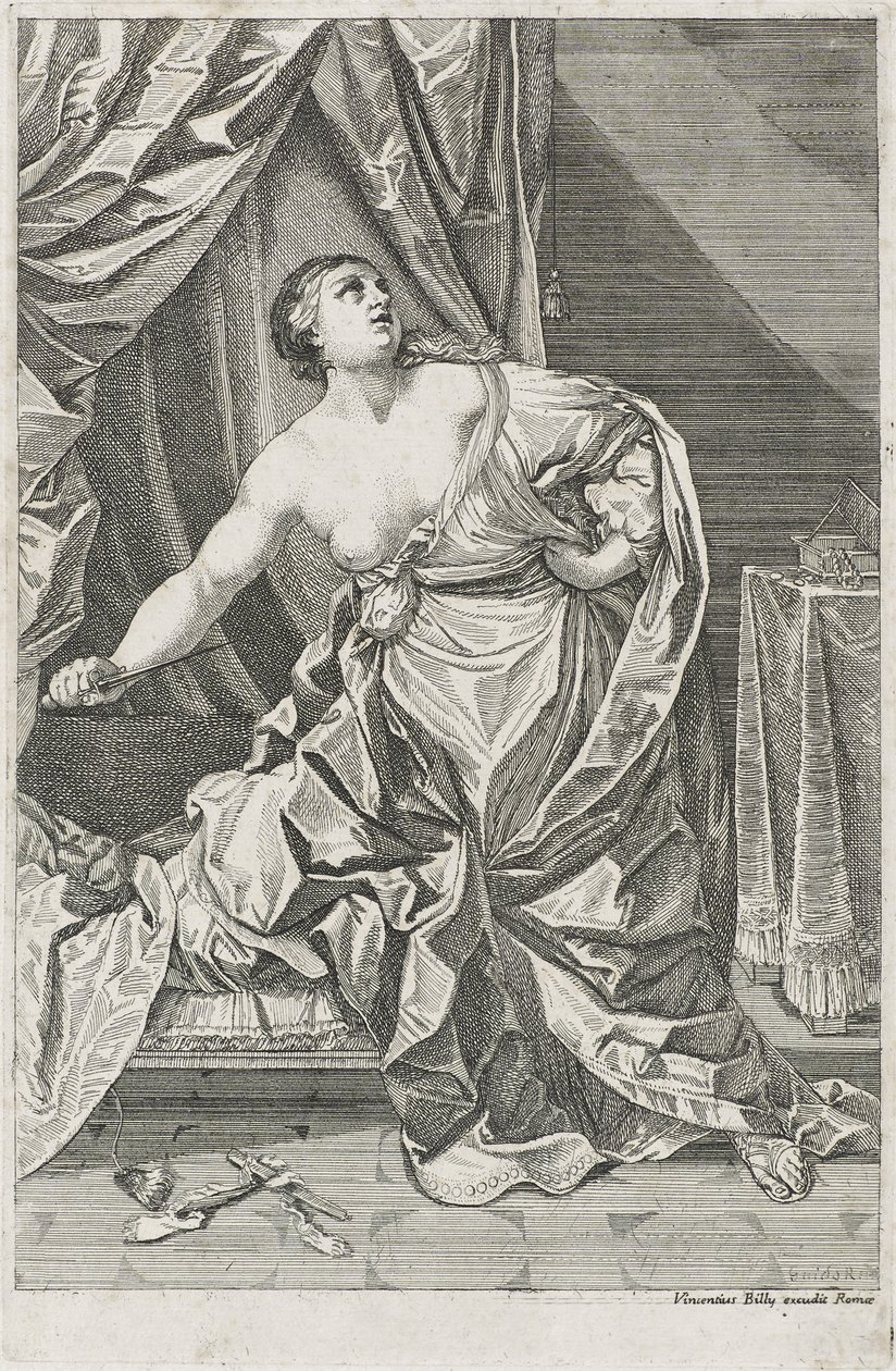 Muerte de Lucrecia, c. 1700-50 posiblemente Antonio Billy de Guido after Reni