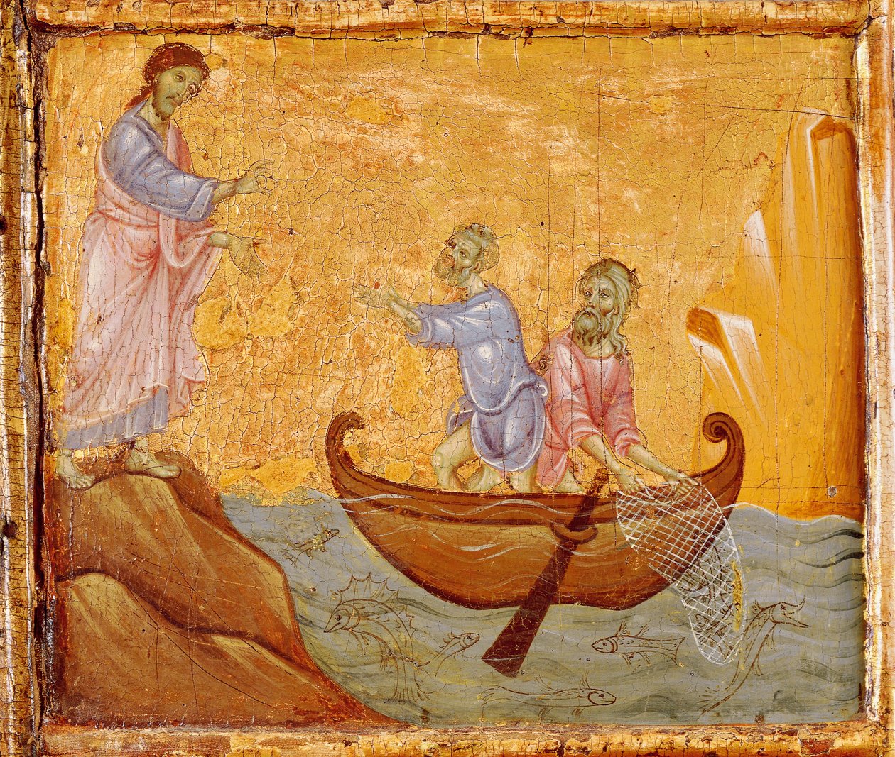 Pesca milagrosa, (detalle) del Antependium de San Pedro entronizado por Guido da Siena (circa 1250-1300), temple y oro sobre madera de Guido da Siena